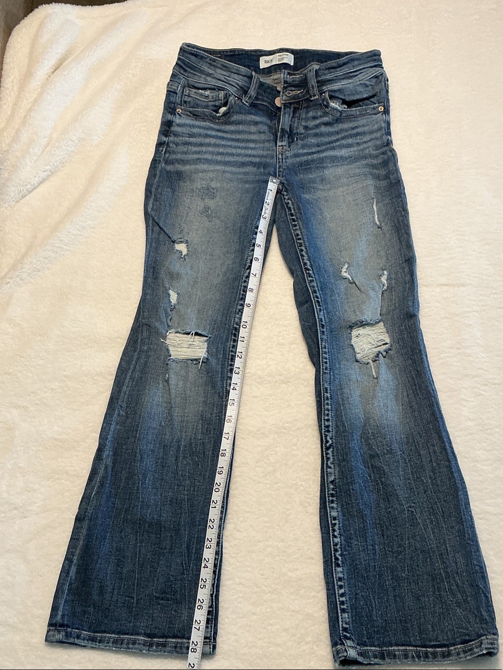 BKE Women's Distressed Boot Cut Jeans - Dark Blue